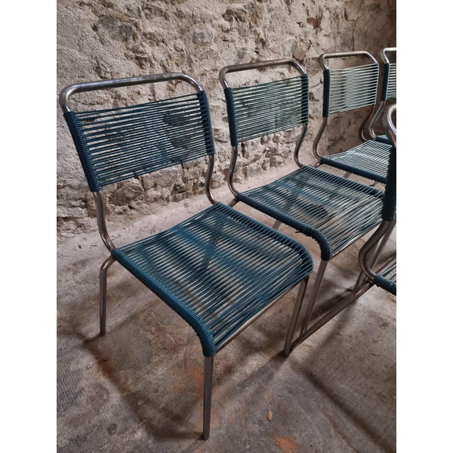 20th Century French Spaghetti Chairs and Ottoman with Chrome Frame, 1960s, Set of 7 For Sale - Image 11 of 18