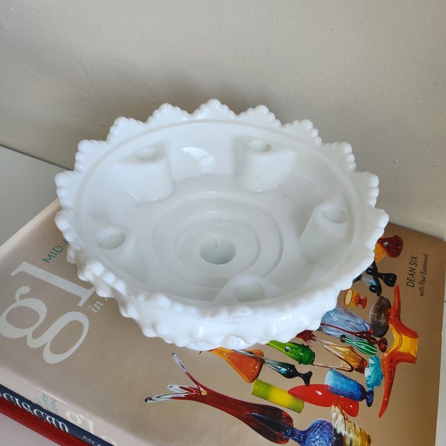 Vintage Fenton Milk Glass Hobnail Pedestal Candle Holder. Excellent condition! Specs: 6.5ʺW × 6.5ʺD × 4ʺH