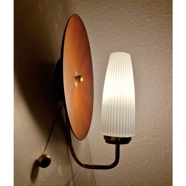 1960s 60's Mid-Century Modern Danish Teak Brass Tulip Glass Sconces, Italy Stilnovo For Sale - Image 5 of 12