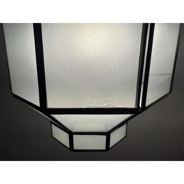 1990s Art Deco Style Frosted White Milk Glass & Bronze Octagonal Pendant - a Pair For Sale - Image 15 of 15