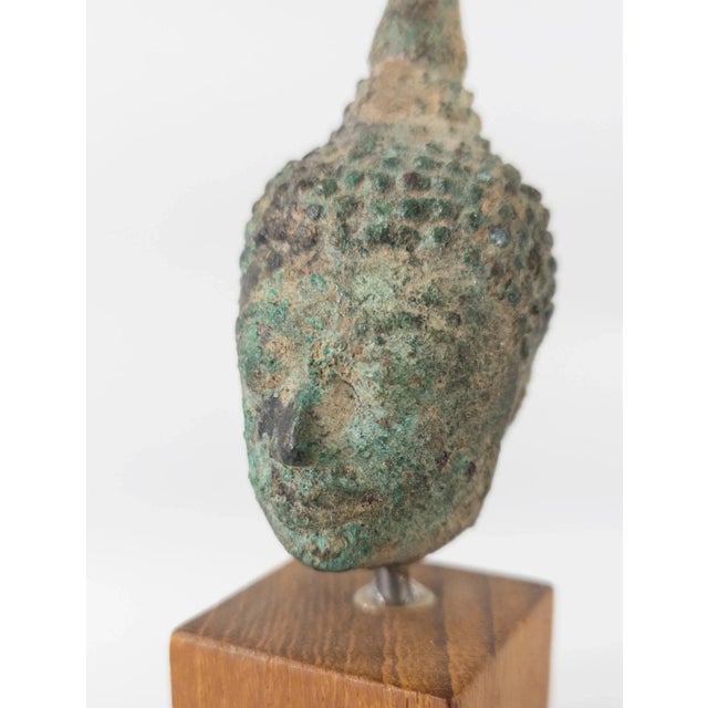Wood Verdigris Bronze South East Asian Sukhothai Buddha Head For Sale - Image 7 of 10