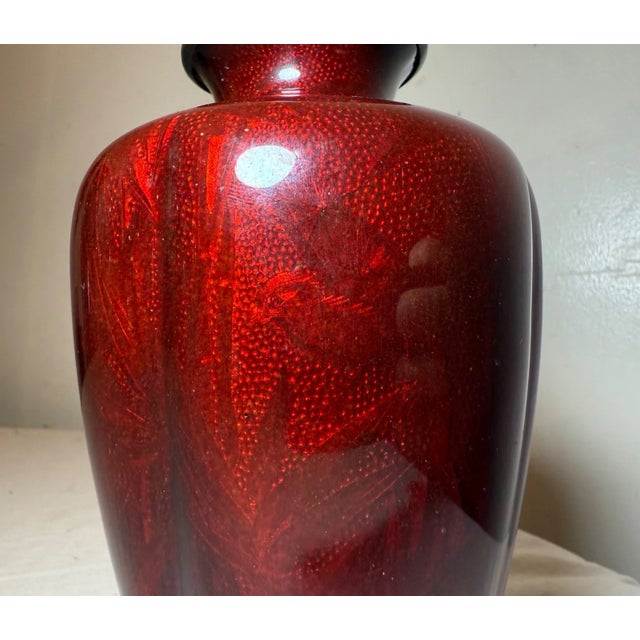 Antique Japanese Ginbari Red Foil Enamel Bird Bamboo Bronze Guilloche Vase Asian For Sale - Image 16 of 18