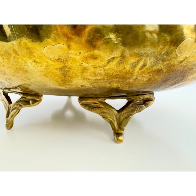 Vintage Solid Brass Hammered Centerpiece Bowl With Grapevine Handles For Sale - Image 10 of 13