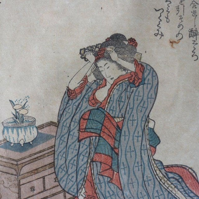 19th Century Antique Japanese Hokusai's Wood Block Print “Woman Doing Her Hair” For Sale - Image 5 of 9