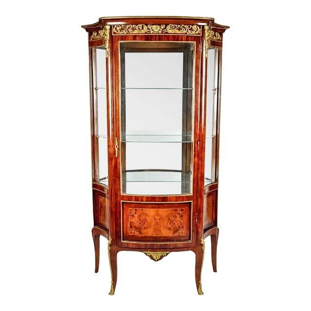 Early 20th Century French Sand Burl Wood Mirrored Hutch Cabinet Display Vitrine For Sale