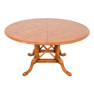 Guy Chaddock English Country Rustic Oak Pedestal Extension Dining Table With Patchwork Parquet Top, Newly Refinished For Sale