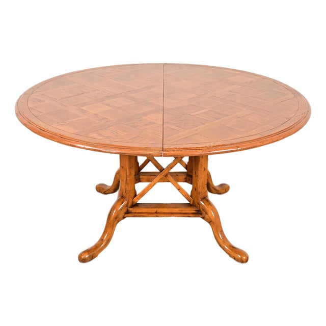 Guy Chaddock English Country Rustic Oak Pedestal Extension Dining Table With Patchwork Parquet Top, Newly Refinished For Sale