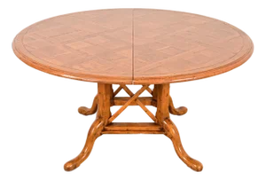 Guy Chaddock English Country Rustic Oak Pedestal Extension Dining Table With Patchwork Parquet Top, Newly Refinished
