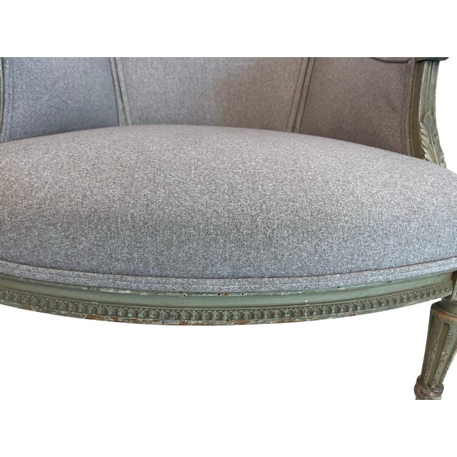 French Early 20th Century Louis XVI Painted Fireside Chairs in Grey Upholstery with Flower Detail - A Pair For Sale - Image 3 of 18