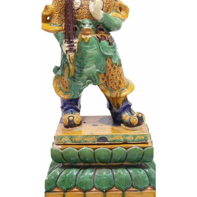 Early 20th Century Large Old Chinese Sancai Glazed Pottery Ming Guardian Warrior Figure Statue For Sale - Image 5 of 9