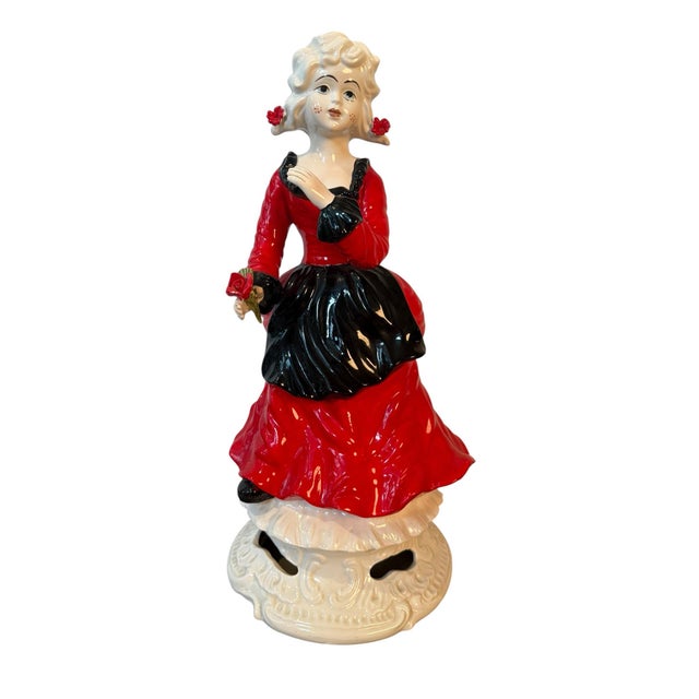 Rococo Vintage Large Capodimonte-Style Young Maiden Figurine 19.5" Red Black Porcelain For Sale - Image 3 of 9