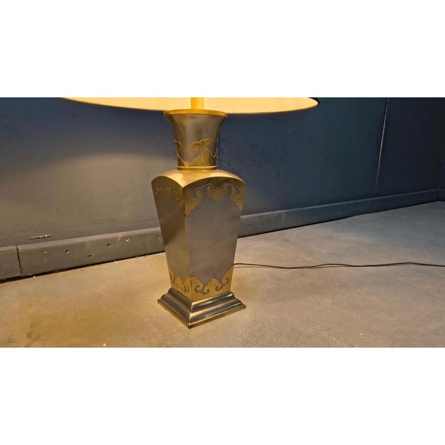 Vintage pewter table lamps with brass accents. Original lamp shades provided. Tested and ready to use with regular E27...