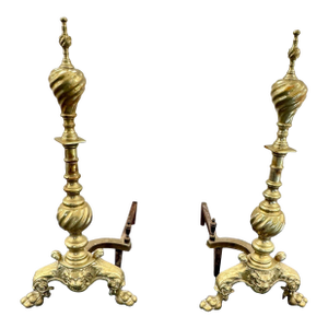 Pair of Antique Early 20th Century Empire Brass Cast Iron Andirond With Lion Face on Base, Spiral Twist Paw Feet