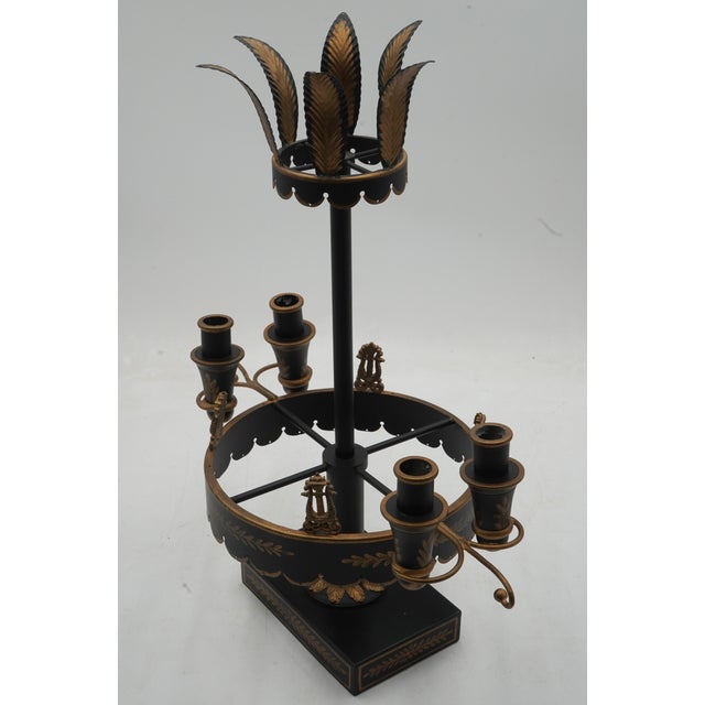 Neoclassical 1980s Pair of Black & Gold Toleware Candelabras For Sale - Image 3 of 11