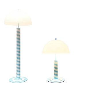 German Postmodern Table and Floor Lamps with Light Blue and White Swirl Pattern, 1980s, Set of 2 For Sale