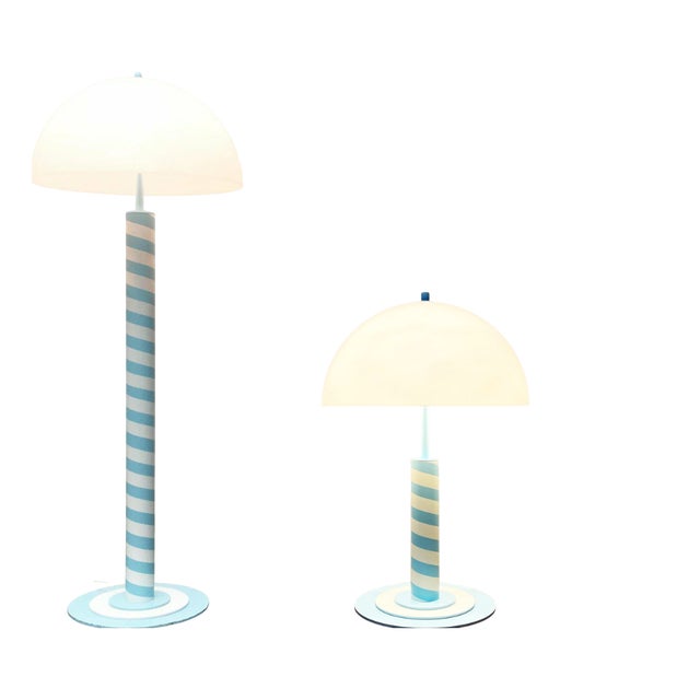 German Postmodern Table and Floor Lamps with Light Blue and White Swirl Pattern, 1980s, Set of 2 For Sale