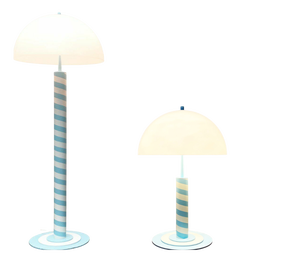 German Postmodern Table and Floor Lamps with Light Blue and White Swirl Pattern, 1980s, Set of 2