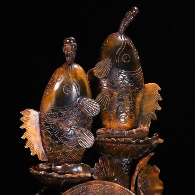 Late 20th Century Carved Horn Sculpture of Two Carp With Lotus - "Abundance" For Sale - Image 9 of 10
