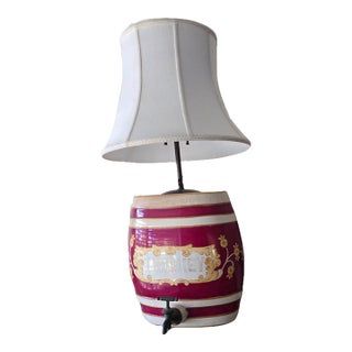 Vintage Red & Cream Hand-Painted Ceramic Whiskey Barrel Form Table Lamp For Sale