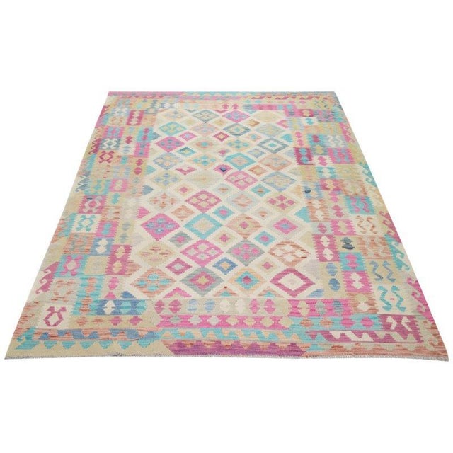 Afghan wool Maimana flatweave with natural colors and geometric pattern.