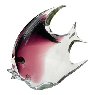 Vintage Signed Daniels Art Glass Angelfish Sculpture, Purple & Clear For Sale