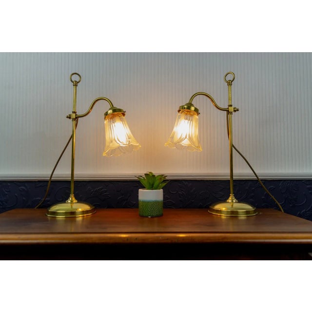 Gold Vintage Brass & Frosted Glass Table Lamps, Set of 2 For Sale - Image 8 of 15