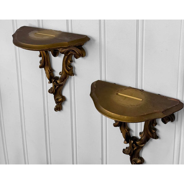 Vintage Hollywood Regency Baroque Gold Wall Shelf - A Pair For Sale - Image 4 of 7
