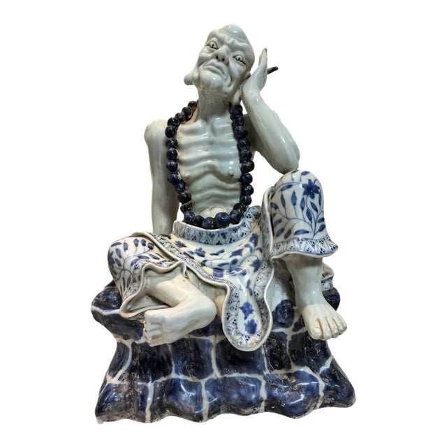 Chinese Vintage Ceramic Buddhist Sculpture,Hand Carved Blue and White Porcelain the Eighteen Arhats Statue For Sale