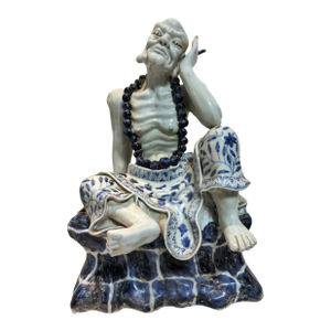 Chinese Vintage Ceramic Buddhist Sculpture,Hand Carved Blue and White Porcelain the Eighteen Arhats Statue