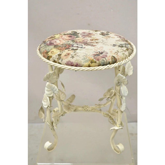 Vintage Italian Hollywood Regency Metal Floral White Rope Form Vanity Bench Stool with Upholstered Seat. Circa Mid 20th...