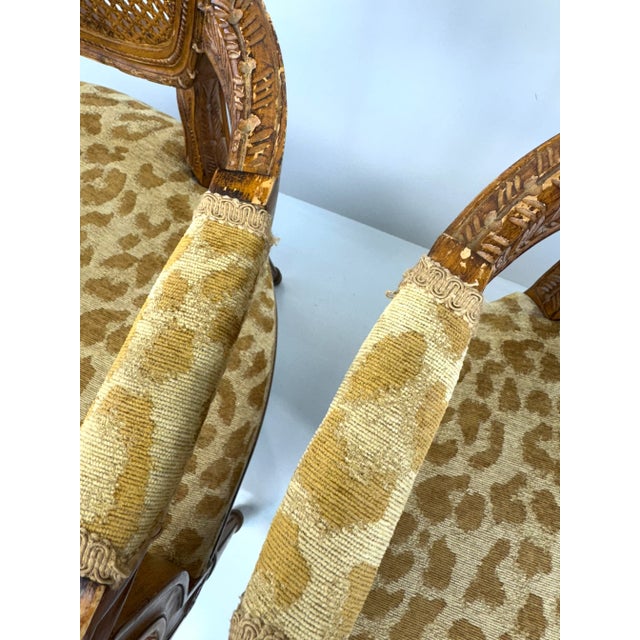 Vintage Louis XVI Style Carved Cane Back Armchairs With Leopard Fabric, a Pair For Sale - Image 16 of 17