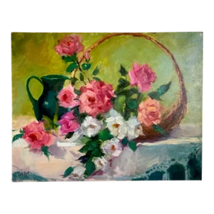 Mid 20th Century Still Life Painting With Rose Clusters, Basket & Pitcher