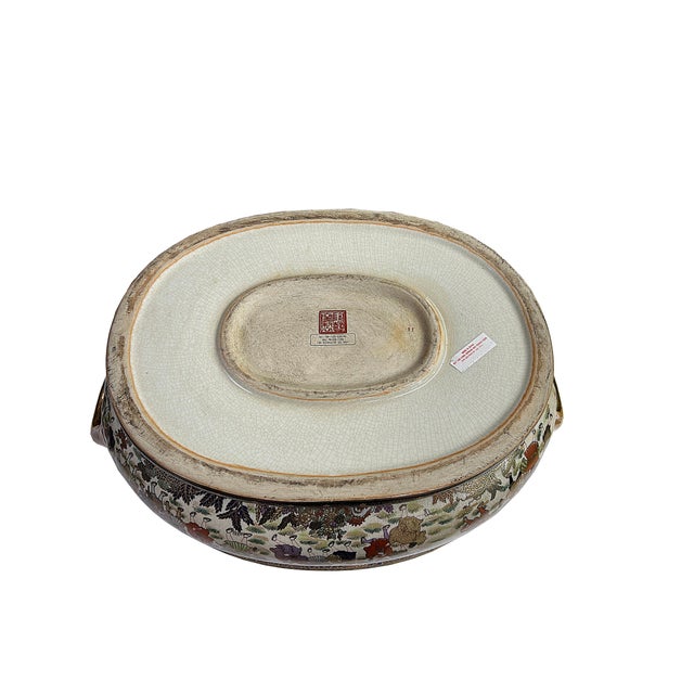 Porcelain Oriental Golden Color Satsuma Graphic Oval Pot For Sale - Image 10 of 12