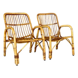 Pair of Mid-20th Century Italian Bent Rattan Lounge Chairs in the Manner of Franco Albini For Sale