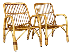 Pair of Mid-20th Century Italian Bent Rattan Lounge Chairs in the Manner of Franco Albini