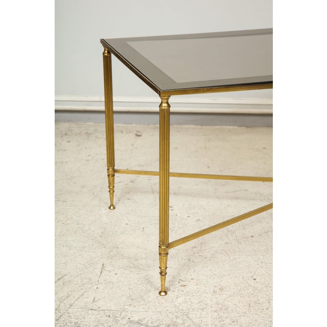 Mid 20th Century Rectangular Brass Coffee/Cocktail Table With Smoked Glass on Stretcher Base For Sale - Image 5 of 11