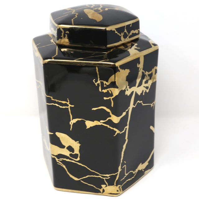 Contemporary Hexagonal Black & Gold Ceramic Lidded Jar For Sale - Image 3 of 8