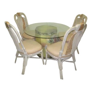 1980s Wash Wood Bamboo Dining Room Chair Leather Peach Seat Lacquer With Table Base Set of 5