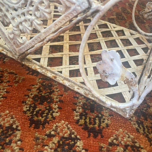 Vintage Victorian French Style White Iron / Lattice Rectangle Basket W/ Leaves/Tiles & Fixed Handle For Sale - Image 10 of 18