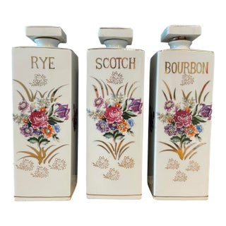 Set of Three Porcelain Decanters Rye Bourbon and Scotch For Sale