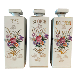 Set of Three Porcelain Decanters Rye Bourbon and Scotch