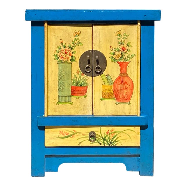 Chinese Rustic Bright Blue Yellow Graphic End Table Nightstand For Sale