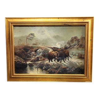 19th Century Scottish Highland Cattle Oil Painting, Windsor & Newton Canvas, Framed For Sale