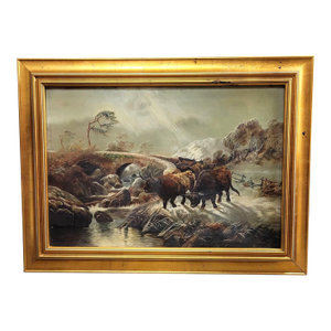 19th Century Scottish Highland Cattle Oil Painting, Windsor & Newton Canvas, Framed