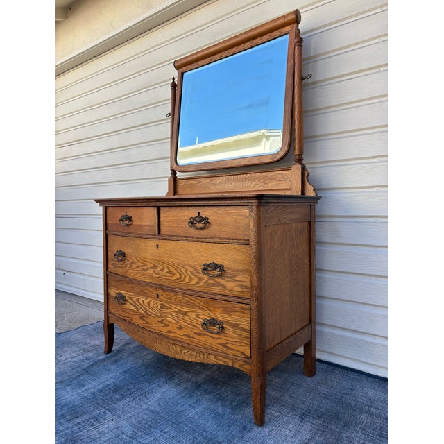 Antique American Tiger Oak Bow-Front Dresser With a Removable Beveled Swivel Mirror by A.H. Heilman & Company For Sale - Image 9 of 11