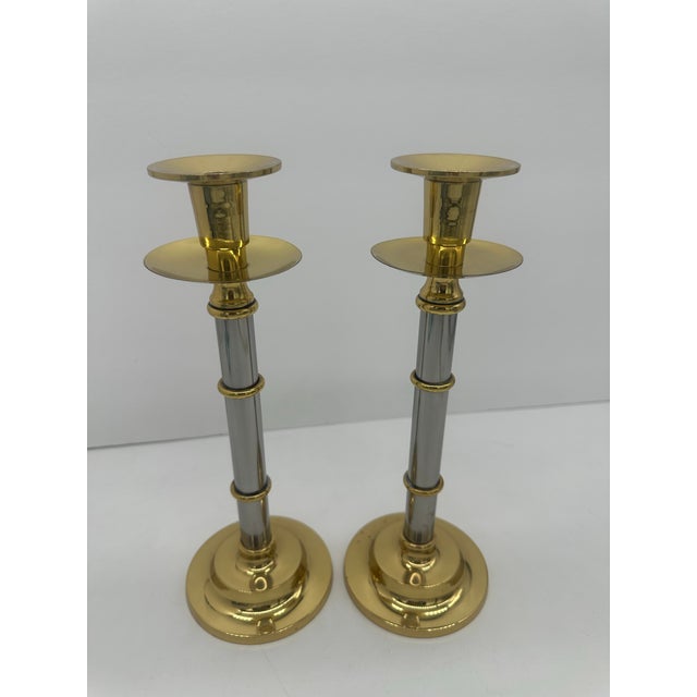 Modern Mixed Metal Chrome and Brass Candlesticks - A Pair For Sale - Image 4 of 4