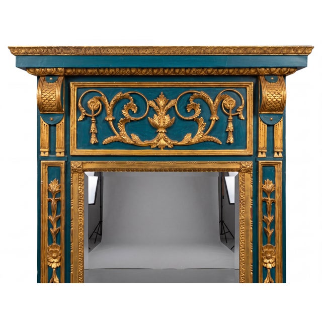 Monumental Italian Neoclassical Louis XVI Style Blue & Giltwood Trumeau Wall Mirror For Sale In Atlanta - Image 6 of 9