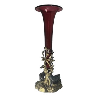 Elkington & Co. Epergne Gilt Bronze Bovine Equine Figural Cranberry Glass Centerpiece Vase c.1851 For Sale