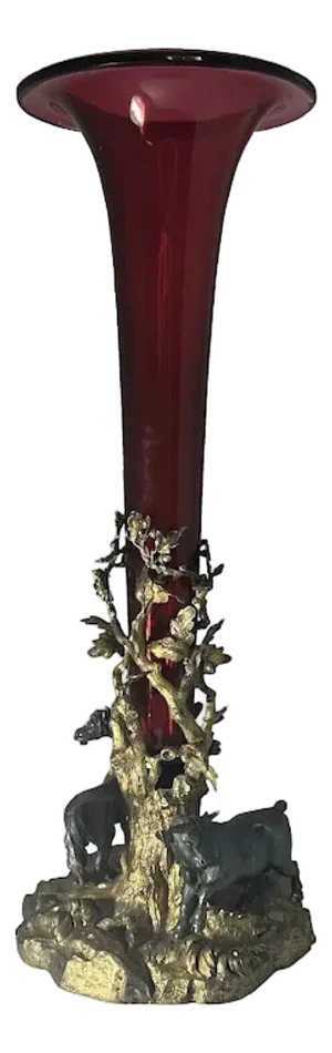 Elkington & Co. Epergne Gilt Bronze Bovine Equine Figural Cranberry Glass Centerpiece Vase c.1851