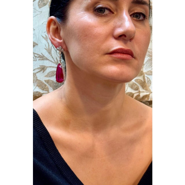 62 Ct Natural Pear Drop Pink Tourmaline & Diamond Cocktail Earring, 14 Kt Gold For Sale - Image 13 of 18